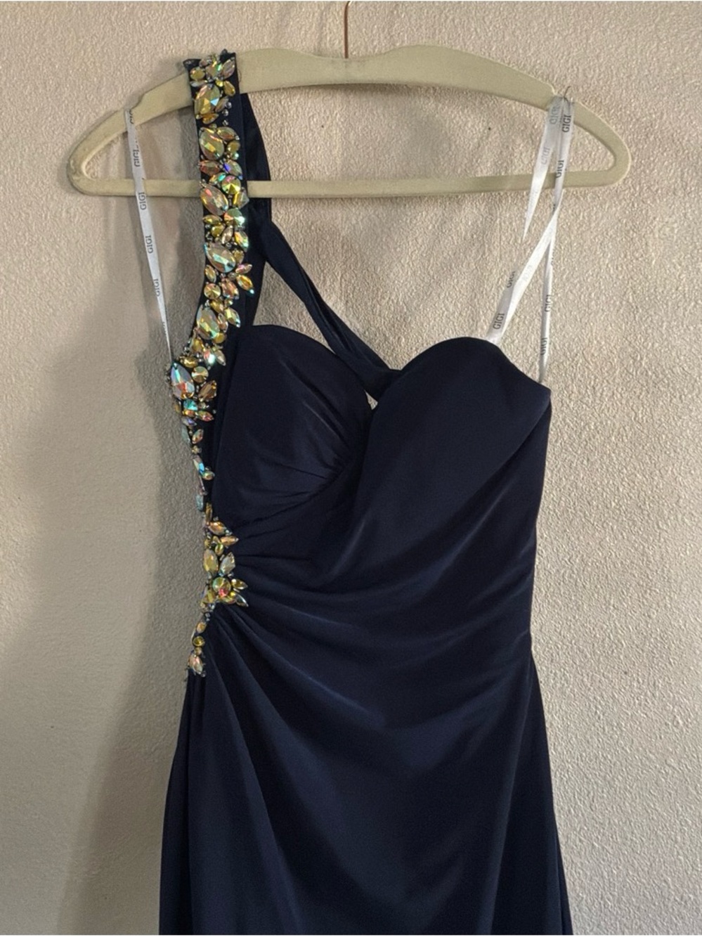 Navy One-Shoulder Prom Dress with Beaded Accent - Picture 2 of 4
